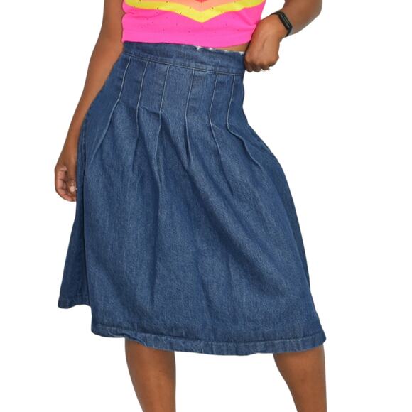 Kaos Denim Skirt Blue Jean Midi Pleats Flare Rigid Medium Wash High Waist Size 4 - Picture 2 of 15